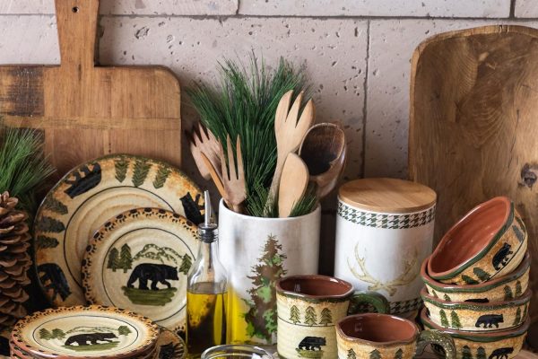 Paseo Road by HiEnd Accents | Rustic Bear 24 Piece Ceramic Dinnerware Set with Plates, Bowls, Mugs, Canisters, Serving Platter, Rustic Cabin Lodge Style