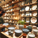 A cozy, well-lit store filled with shelves of various dinnerware sets, showcasing plates, bowls, and cups in different designs and colors