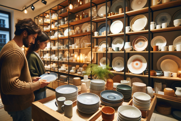 A cozy, well-lit store filled with shelves of various dinnerware sets, showcasing plates, bowls, and cups in different designs and colors