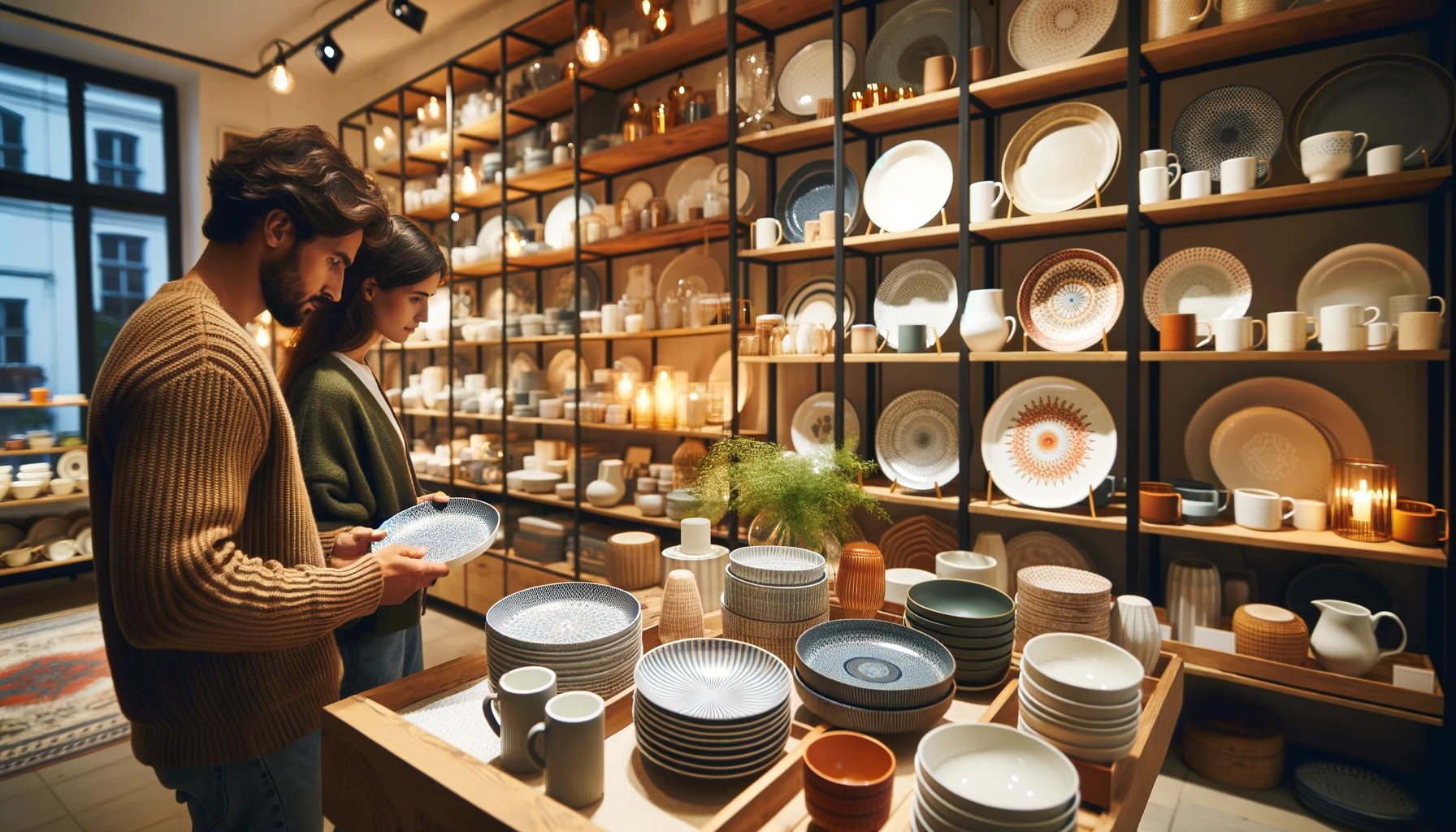 A cozy, well-lit store filled with shelves of various dinnerware sets, showcasing plates, bowls, and cups in different designs and colors