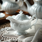 A delicate porcelain tea set, elegant and translucent, displayed on a lace tablecloth. The porcelain should be fine and glossy, illustrating its high-