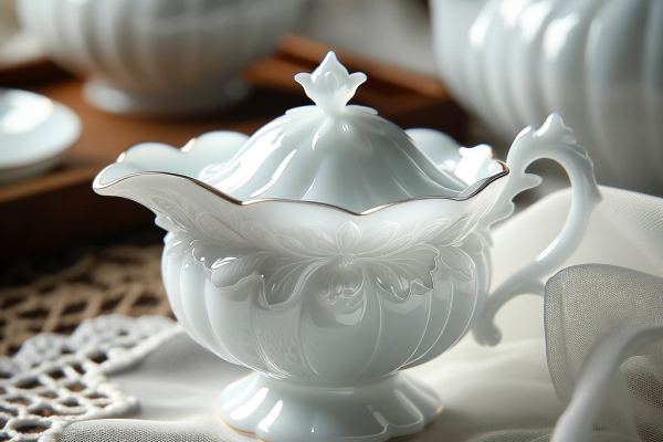 A delicate porcelain tea set, elegant and translucent, displayed on a lace tablecloth. The porcelain should be fine and glossy, illustrating its high-