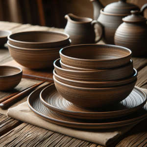 A set of stoneware dishes, sturdy and rustic, on a wooden dining table. The stoneware should have a dense, non-porous texture with a matte finish, ref