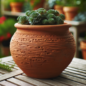 A terracotta flower pot, robust and earthy, placed on a garden table. The terracotta should have a coarse, porous texture with a natural, unglazed fin