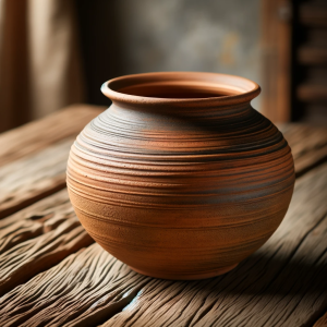 Earthenware pottery, rustic and simple, displayed on a wooden table. The pottery should have a coarse texture and a glazed finish, showcasing its trad