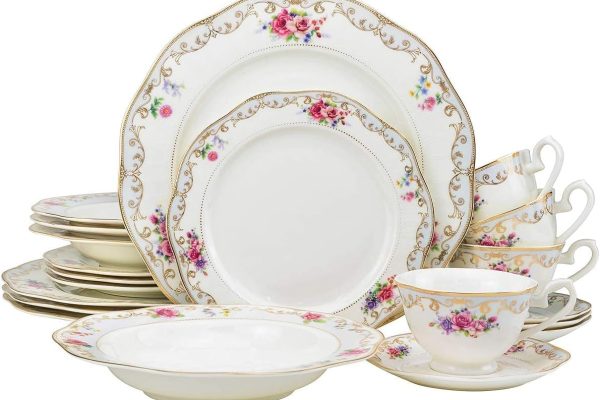 Euro Porcelain 57-pc Banquet Dinnerware Set, Luxury Bone China Tableware, Service for 8